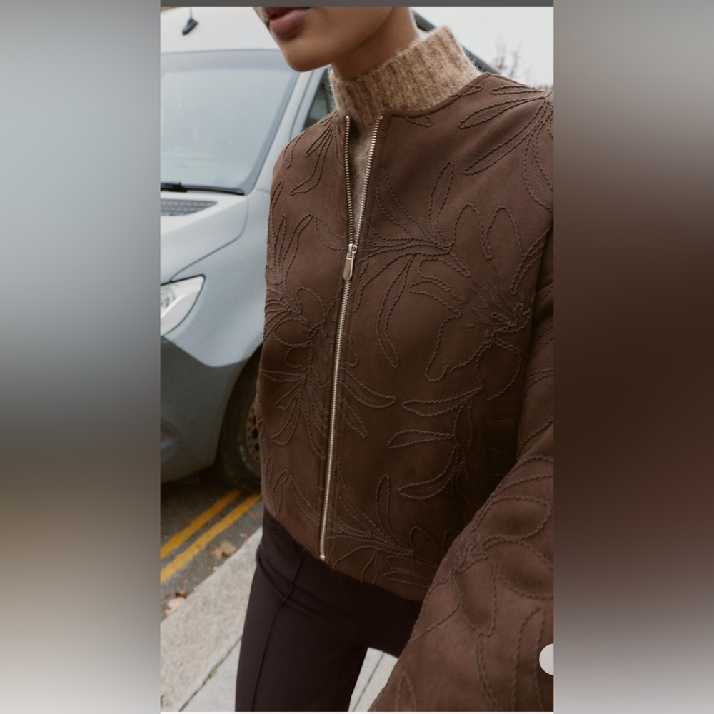 Zara Faux suede bomber jacket with embroidery - Picture 4 of 9